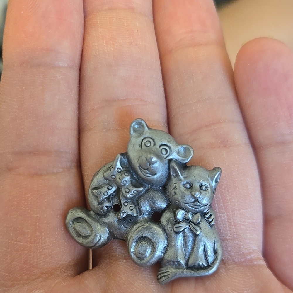 Vintage Pewter Bear and Cat Brooch Pin - Silver Tone